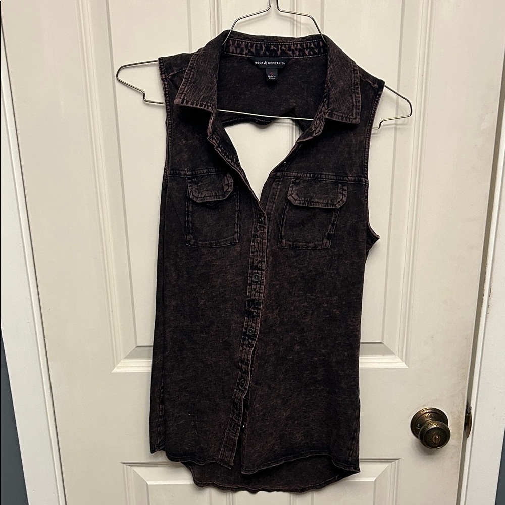 Black and Purple Sleeveless Denim-like Top